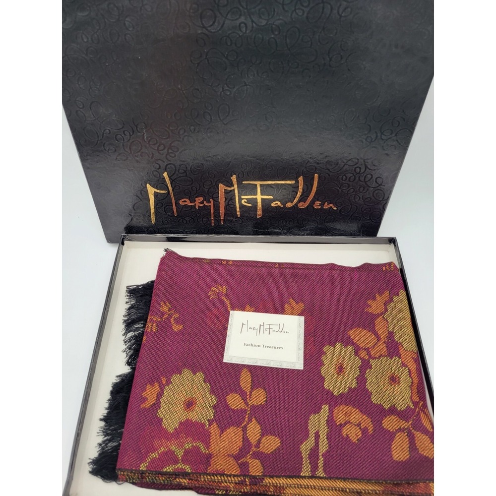 Mary McFadden Reversible Floral & Bird Scarf with Original Box